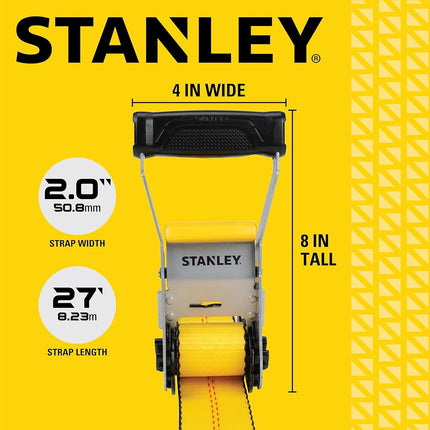 STANLEY S10000J Black/Yellow 2" x 27' Ratchet Strap with Double J-Hooks - 3,333 LBS Safe Working Load / 10,000 LBS Break Strength