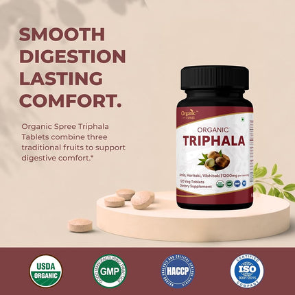 Organic Spree Triphala 120 Tablets - Amla, Haritaki & Bibhitaki - 60 Days Supply - Supports Digestion, Occasional Bloating & Colon Cleanse* | USDA Organic, GMP, HACCP Certified - Pack of 3