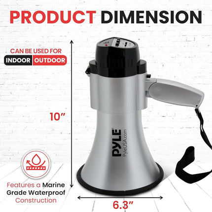 Pyle 30W Megaphone Bullhorn Speaker – Portable Handheld PA System with Siren Alarm & Voice Mode, Adjustable Volume, Battery Powered Loudspeaker with 730m Range – Silver