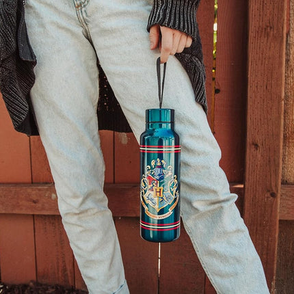 Silver Buffalo Harry Potter Hogwarts School Crest Stainless Steel Water Bottle with Strap, 27 Ounces