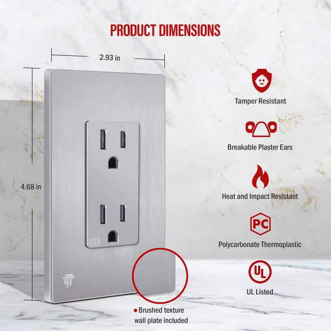 Receptáculo Decorativo Serie Elite de ENERLITES, Tomacorriente a Prueba de Manipulaciones Seguro para Niños, Auto-Conexión a Tierra, Grado Residencial, 15A 125V, Listado UL, 61501-TR-SVWBP, Plateado Cepillado Con Placa de Pared