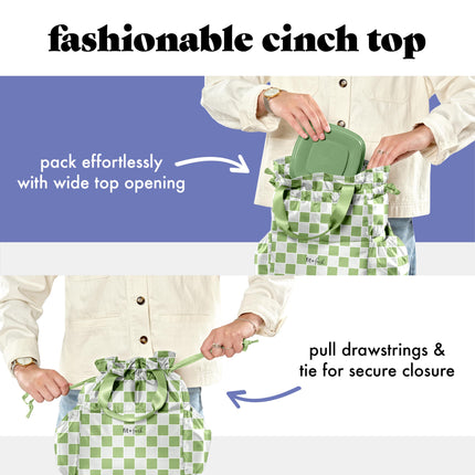 Fit & Fresh Cromwell Drawstring Lunch Bag for Women, Complete Lunch Set with 2 Containers, Stain-Resistant, Leak-Resistant, Back to School Essential, Teacher Lunchbox, Pistachio Checker Board