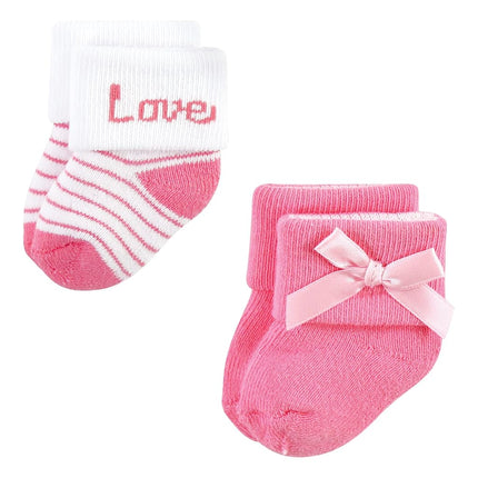 Hudson Baby Baby Girls' Cotton Rich Newborn and Terry Socks, Pink Love, 0-6 Months