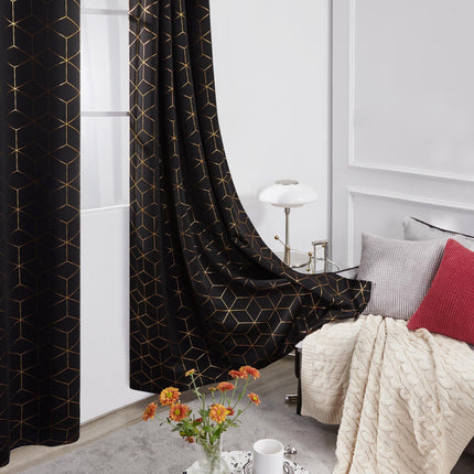 Deconovo Black Blackout Curtains 2 Panels with Gold Diamond Foil Print, Room Darkening Thermal Insulated Sun Blocking Grommet Curtain Panels for Living Room, 52W x 95L Inch