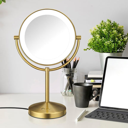 Conair Lighted Makeup Mirror, Double-Sided LED Vanity Mirror with 1X/10X Magnification, 3 Light Settings, 3 Modes, 360� Rotation, Brushed Brass Finish