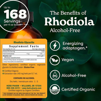Herb Pharm Certified Organic Rhodiola Root Extract for Energy, Endurance and Stamina, Alcohol-Free Glycerite, 4 Ounce