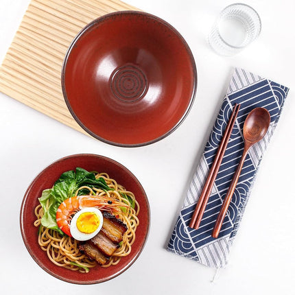 HOKELER Ceramic Japanese Ramen Bowl Set, 2 Sets Asian Pho Udon Soup Noodle Bowls with Spoons and Chopsticks (Red, 8 inches)