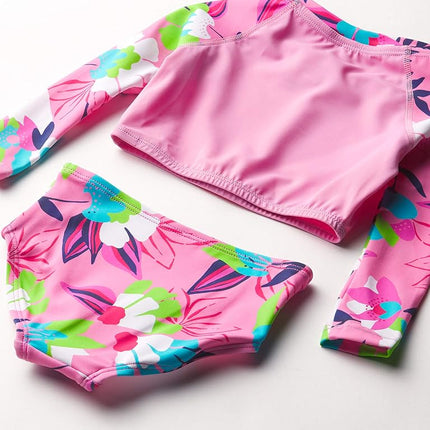 Kanu Surf Ensemble de bain deux pièces anti-UV UPF 50+ à manches longues pour filles, haut court Tropical Dance Rose, 14-16