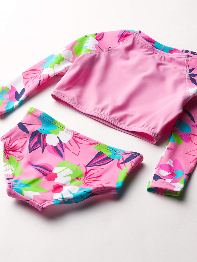 Kanu Surf Girls' Long Sleeve Rashguard UPF 50 Two Piece Swim Set, Tropical Dance Crop Pink, 8