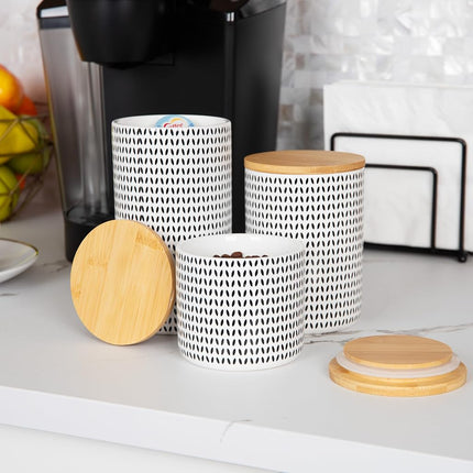 Mind Reader 3-Piece Canister Set, Sugar Container, Coffee Storage, Lids, Kitchen, Ceramic, 10Lx10Wx17.8Hcm, Black and White