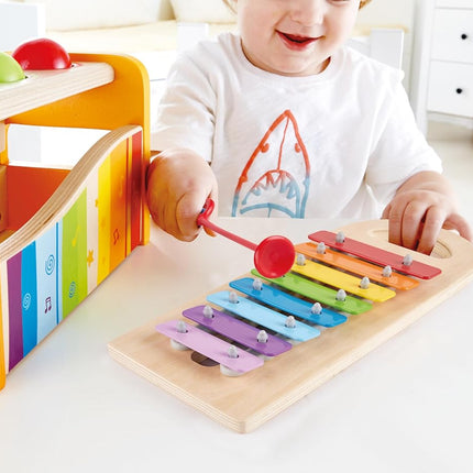 Hape Multifunctional Pound & Tap Bench with Slide-Out Xylophone | Durable Wooden Musical Pounding Toy for Toddlers 12 Months and Up