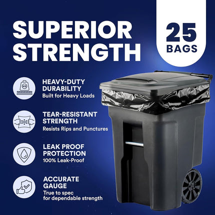 Plasticplace 95-96 Gallon Rubbish Bin Liners Heavy Duty Black Bin Bags Tear-Resistant Outdoor Rubbish Bags for Rollaway Bins Large 61" x 68" Industrial-Strength Waste Bags (25 Count) 1.5 Mil