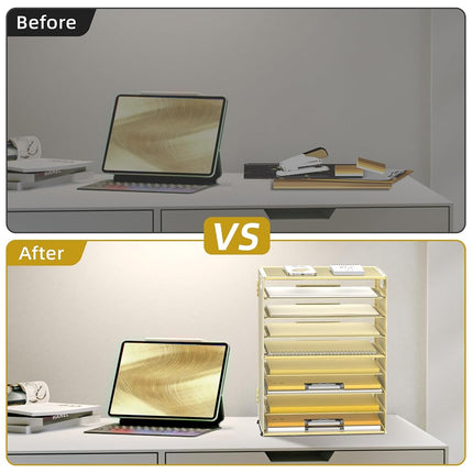 DALTACK 9-Tier Paper Letter Tray Desk Organizer with Handles, Mesh File Holder Organization, File Organizer for Desk Paper Sorter for Office Home School, Gold