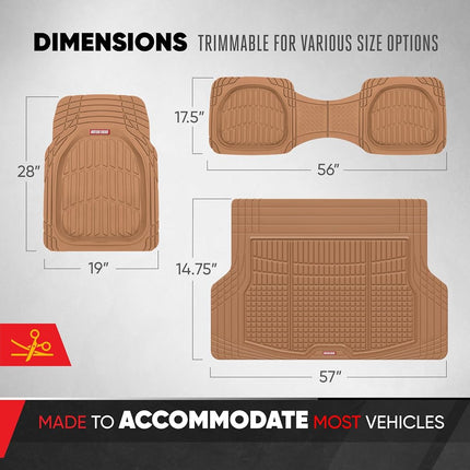 Motor Trend FlexTough Contour Liners Deep Dish 3 pc Rubber Floor Mats & Trimmable Trunk Liner Cargo Mat - Heavy Duty All Weather Protection Car Mats with Traction Grips Car Accessories (Beige)