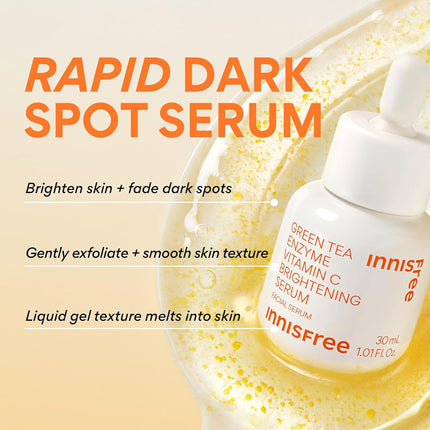 innisfree Green Tea Enzyme Vitamin C Brightening Serum for Dark Spot Fading, Korean Face Serum for Glow