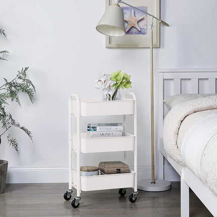 SunnyPoint Chariot de rangement mobile compact en métal à 3 niveaux – Chariot de service de cuisine/sous le bureau avec roulettes (WHT, Compact (15,5" X 26,8" X 10,27"))