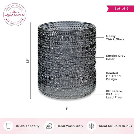 Kate Aspen Ribbed Hobnail Beaded Smoke Grey Drinking Glasses Set of 6, (10 oz) Vintage Glassware Set Cocktail Glass Set, Juice Glass, Water Cups | Hostess Gift & Present for New Home Owners