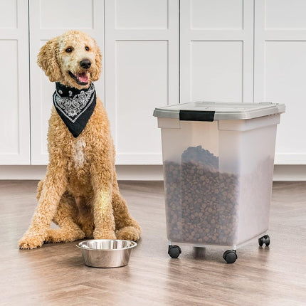 IRIS USA 50 Lbs/65 Qt WeatherPro Airtight Pet Food Storage Container with Removable Casters, Clear/Gray
