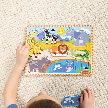 Melissa & Doug Safari Peg Puzzle (Colourful Animal Artwork, Extra-Thick Wooden Construction, 7 Pieces)