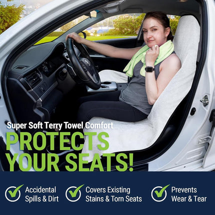 Season Guard Terry Cloth Sweat Towel Seat Cover; Carseat Towel Protector; Great for Gym Workout; Waterproof; Universal Fit for Car SUV Van Truck; EZ fit; Non Slip Grip; Machine Washable; 2pc White