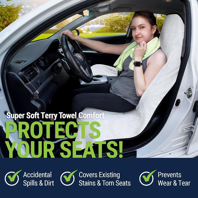 Season Guard Terry Cloth Sweat Towel Seat Cover; Carseat Towel Protector; Great for Gym Workout; Waterproof; Universal Fit for Car SUV Van Truck; EZ fit; Non Slip Grip; Machine Washable; 2pc White