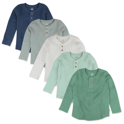 HonestBaby 5-Pack Waffle Henley Long Sleeve Shirts 100% Organic Cotton for Infant Baby and Toddler Boys, Unisex, Good Natured, 7 Years
