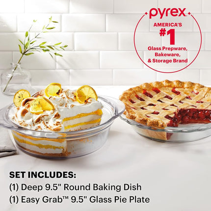 Pyrex Deep 2-Piece 9.5" Glass Baking Dish Set, Glass Bakeware Set, Dishwasher, Microwave, Freezer and Pre-Heated Oven Safe, Deep & Easy Grab