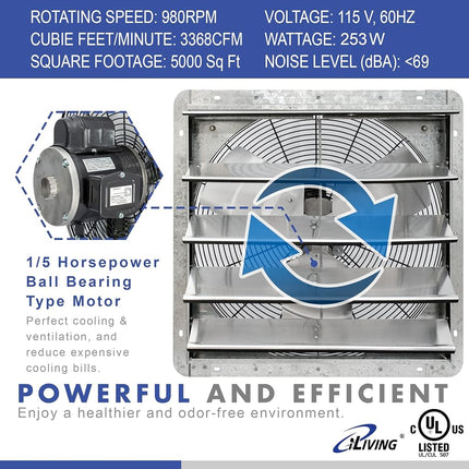 iLIVING 20" Wall Mounted Shutter Exhaust Fan, Automatic Shutter, with Thermostat and Variable Speed controller, 2.2A, 3368 CFM, 5000 SQF Coverage Area Silver (ILG8SF20V-ST)