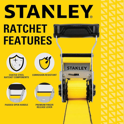 STANLEY S50002 Black/Yellow 1.5" x 16' Heavy-Duty Ratchet Straps (5,000 lb Break Strength), 2 Pack