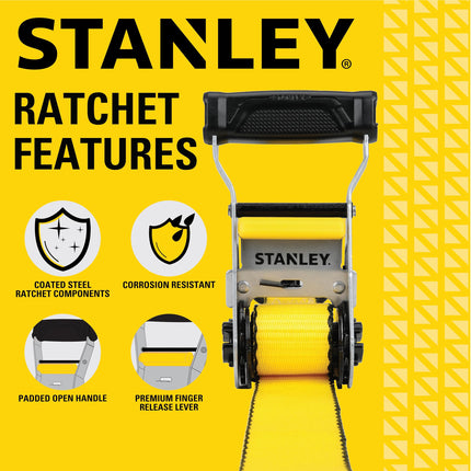 STANLEY S50002 Black/Yellow 1.5" x 16' Heavy-Duty Ratchet Straps (5,000 lb Break Strength), 2 Pack