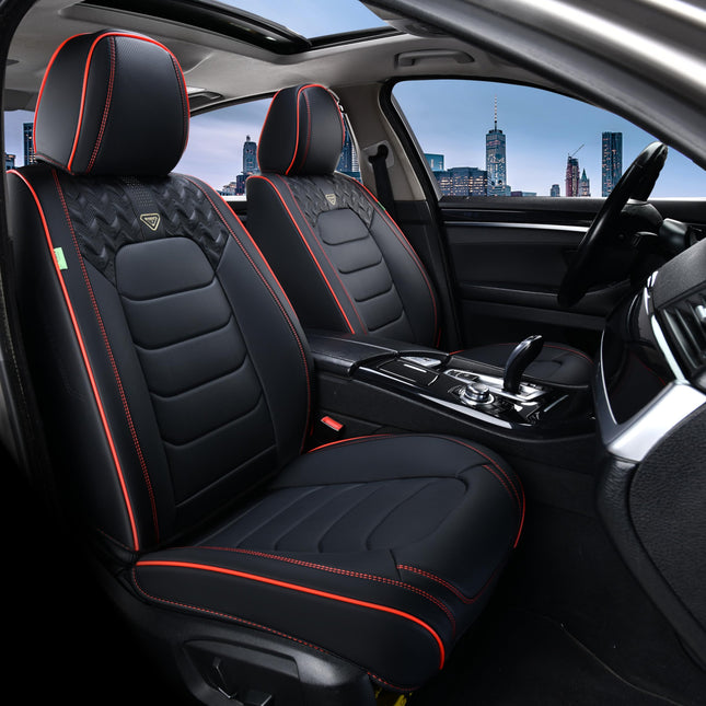 FLORICH Fundas de Asiento Juego Completo, Fundas de Asiento de Cuero, Fundas de Asiento Delanteras y Traseras para 5 Asientos, Accesorios Protectores de Cojín de Asiento de Coche Impermeables para Sedán SUV Camioneta (Negro y Línea Roja, Juego Completo)