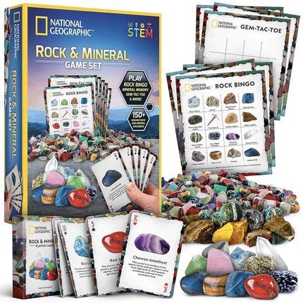 Juego de Bingo de Rocas de National Geographic - Juega al bingo de rocas, memoria de minerales, trivias de gemas y tus juegos de cartas favoritos, incluye más de 150 rocas y minerales, excelentes juguetes educativos STEM para niños