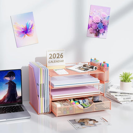 gianotter Paper Letter Tray Organizer with File Holder, 4-Tier Desk Accessories & Workspace Desk Organizers with Drawer and 2 Pen Holder for Office Supplies (Rose Gold)