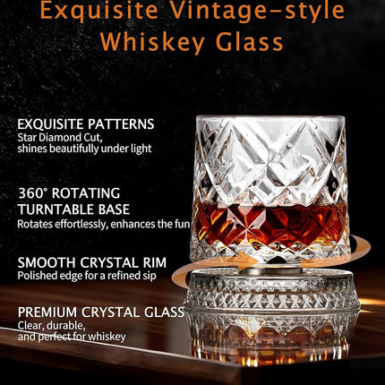 CEEFU Old Fashioned Whiskey Glasses with 360° Rotating Base, Set of 2 (2 Crystal Glasses Set, 2 Big Ice Ball Molds) In Gift Box - Bourbon, Cocktail, Rocks, Bday Gifts Ideas for Men, Ice Crackle