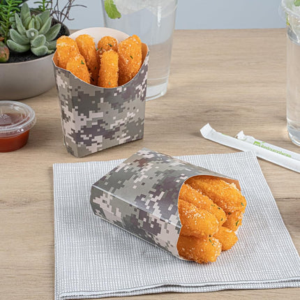 Bio Tek 4.5 x 3.2 x 3.9 Inch French Fry Cup, 100 Disposable Snack Cups - Stackable, Sustainable, Camouflage Paper 3 Ounce Fry Holder, for Fries, Onion Rings, Popcorn, or Cookies - Restaurantware
