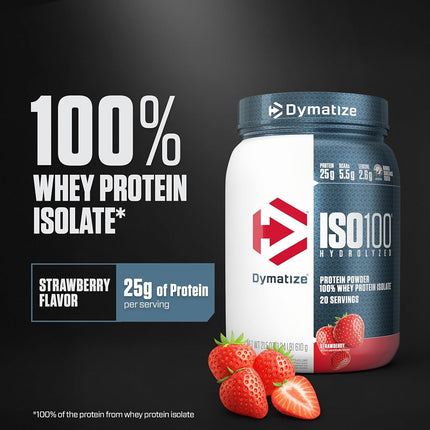 Dymatize ISO100 Hydrolyzed Protein Powder, 100% Whey Isolate Protein, 25g of Protein, 5.5g BCAAs, Gluten Free, Fast Absorbing, Easy Digesting, Strawberry, 20 Servings