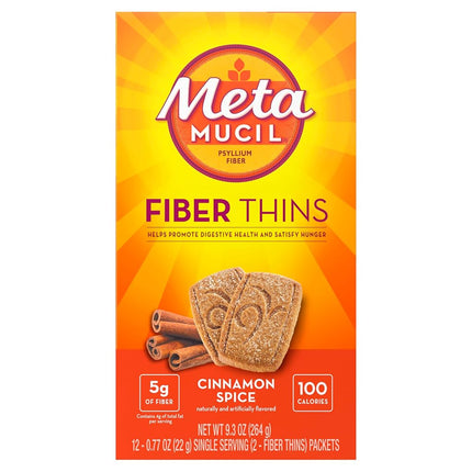 Metamucil Fiber Thins, Cinnamon Spice Flavored Dietary Fiber Supplement Snack with Psyllium Husk, 12 Servings (Pack of 4)