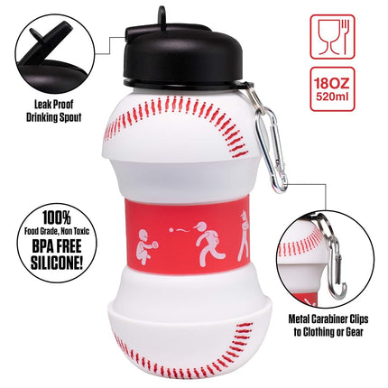 MACCABI ART Clip-On Collapsible BPA-Free Silicone Baseball Water Bottle for Kids, 18 Oz. Size