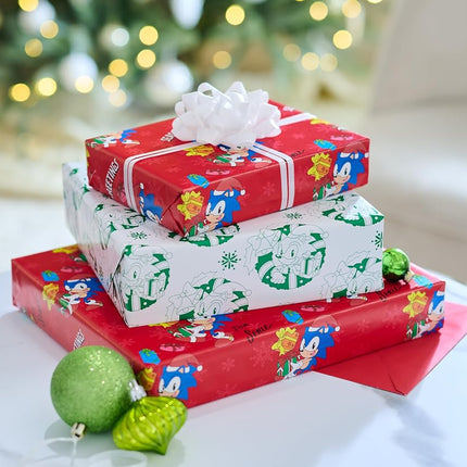 American Greetings Reversible Christmas Wrapping Paper for Kids, Sonic the Hedgehog (1 Roll, 75 sq. ft.)
