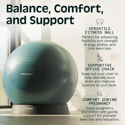 Ballon d'exercice Retrospec Luna avec base et pompe/Ballon et pompe avec matériau anti-éclatement - Ballon suisse de fitness et de gym - Parfait pour l'équilibre, la stabilité, le yoga, le Pilates, la grossesse et l'accouchement - 55 cm - Rose