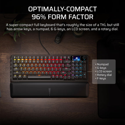 Teclado mecánico para juegos con cable Corsair Vanguard 96 – Distribución del 96 %, interruptores táctiles MLX Fusion, tasa de sondeo de 8000 Hz, pantalla LCD, Virtual Stream Deck, teclas G, Flashtap SOCD, QWERTY EE. UU. – Negro
