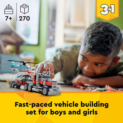 LEGO Creator 3in1 Flatbed Truck with Helicopter Toy to Propeller Plane and Fuel Lorry to Hot Rod and SUV Car Toys for 7 Plus Year Old Boys, Girls and Kids who Love Cool Vehicles, Gift Idea 31146