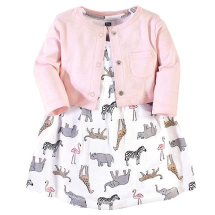 Hudson Baby Girls' Cotton Dress and Cardigan Set, Modern Pink Safari, 3T