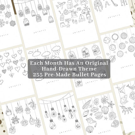 ONGROX Premade Bullet Style Notebook with Hand-Drawn Pages, Dotted Journal with Unique Pre-Made Bullet Templates, Undated Planner with Weekly Spreads & Monthly Themes, 12 Months, A5 Linen Hardcover