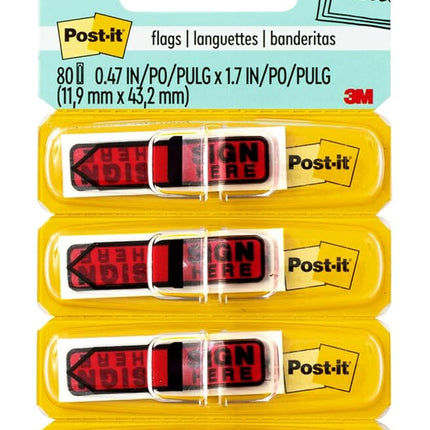 Post-it Message Flags, "Sign Here", 20/Dispenser, 4 Dispensers/Pack, 0.47 in Wide, Red (684-RDSH)