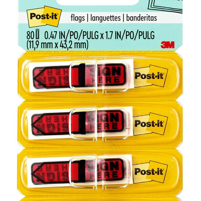 Post-it Message Flags, "Sign Here", 20/Dispenser, 4 Dispensers/Pack, 0.47 in Wide, Red (684-RDSH)