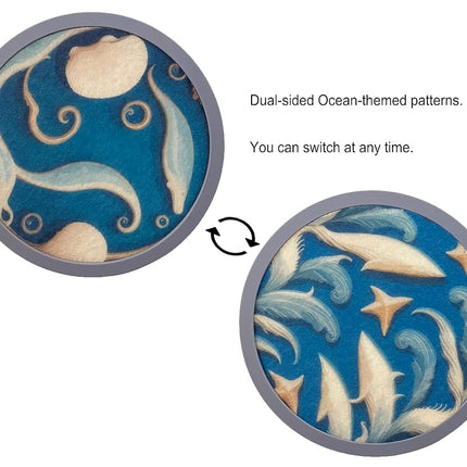 Absorbent Coasters for Drinks with Holder - 6packs, Silicone Coastes with Soft Felt Insert (4.3 inch Coasters with 4.5 inch Holder, Dual-Sided Ocean -Themed Patterns)