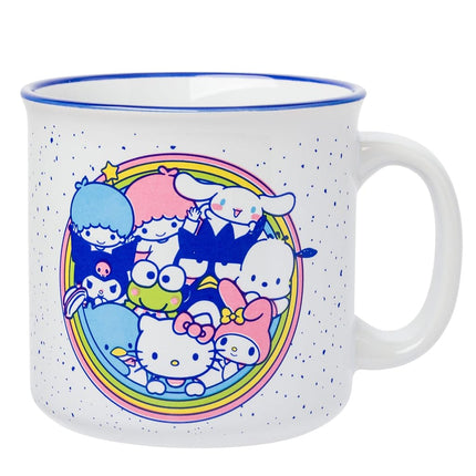 Silver Buffalo Sanrio Hello Kitty Friends Featuring Little Twin Stars, Cinnamoroll, Kuromi, Keroppi, Badtz-Maru, Pochacco, Tuxedo Sam, My Melody, Pompompurin, Chococat Ceramic Camper Mug, 20 Ounces