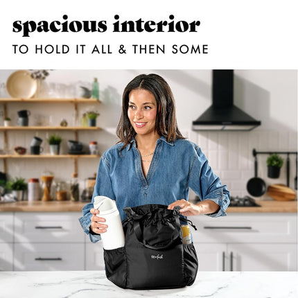 Sac à déjeuner à cordon Fit & Fresh Cromwell pour femmes, ensemble complet de déjeuner avec 2 contenants, résistant aux taches, étanche, essentiel pour la rentrée scolaire, boîte à lunch pour enseignant, noir
