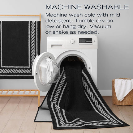 Nautica – Runner Rug 2 Piece Set | Indoor Runners for Hallways and Entry Rugs| Non-Skid Entry and Kitchen Door Mat| Machine Washable Carpet Rugs | 2'2" x 3'9" and 2'2" x 5' | Rope Border Black
